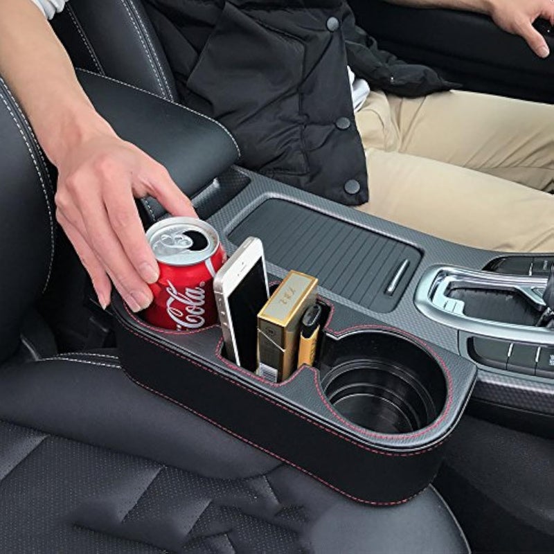 IOKONE Car Cup Holder  Auto Cup Drink Holders Multifunctional Auto Front Seat Organizer with PU Leather Cover  Gap Filler Storage Box Coin Bucket Console Side Pocket Cell Mobile Phone Holder (Black) - Image 1
